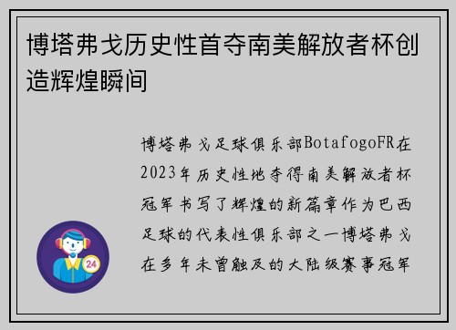 博塔弗戈历史性首夺南美解放者杯创造辉煌瞬间