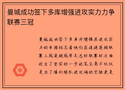 曼城成功签下多库增强进攻实力力争联赛三冠