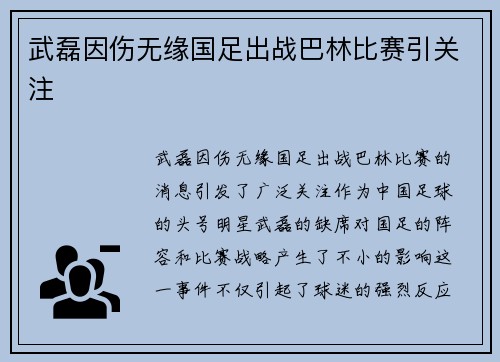 武磊因伤无缘国足出战巴林比赛引关注 武磊因伤无缘国足出战巴林比赛引关注
