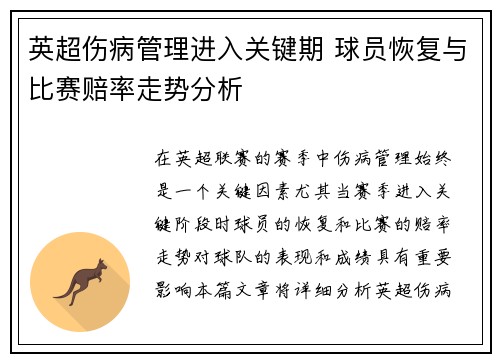 英超伤病管理进入关键期 球员恢复与比赛赔率走势分析